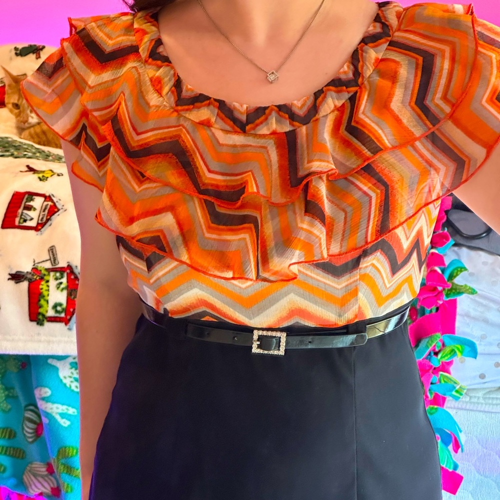 AB Studio - Orange and Black Multicolored Dress with Belt